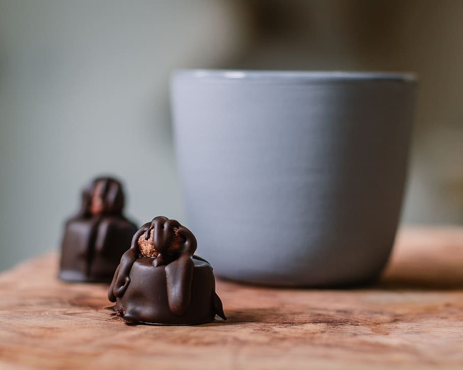 Two Chocolate Bites on Top of Brown Table, beverage, close-up HD wallpaper