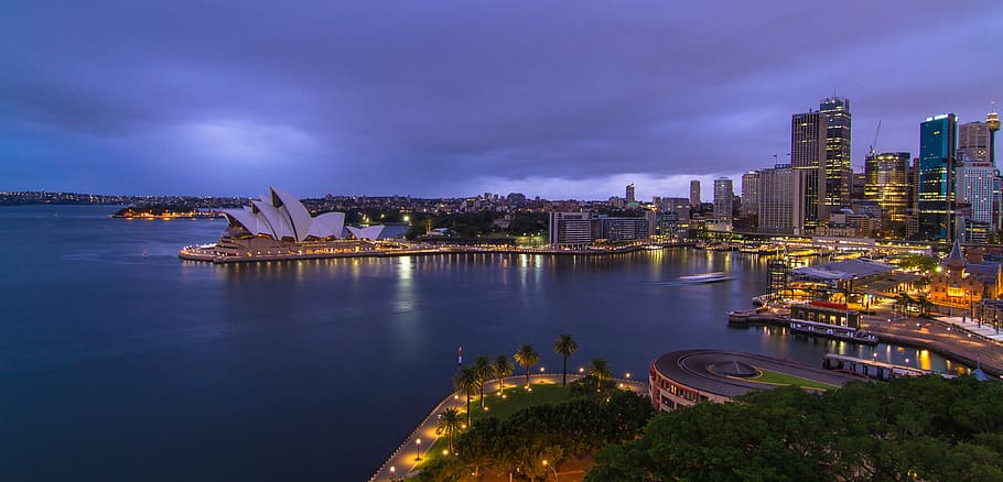 australia, sydney, sydney harbour bridge, cityline, water, lights