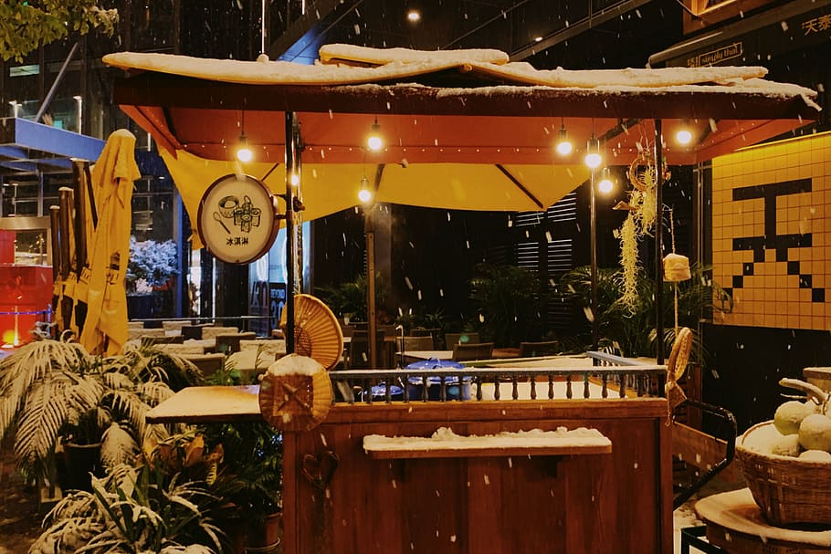 snow, winter, light, night, illuminated, business, restaurant HD wallpaper
