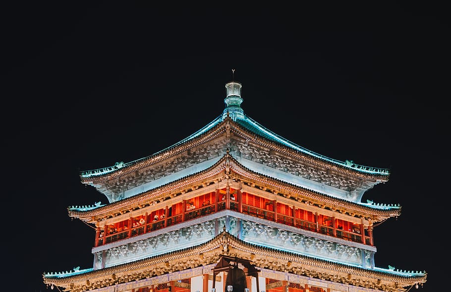 lighted pagoda at night, architecture, building, worship, shrine HD wallpaper