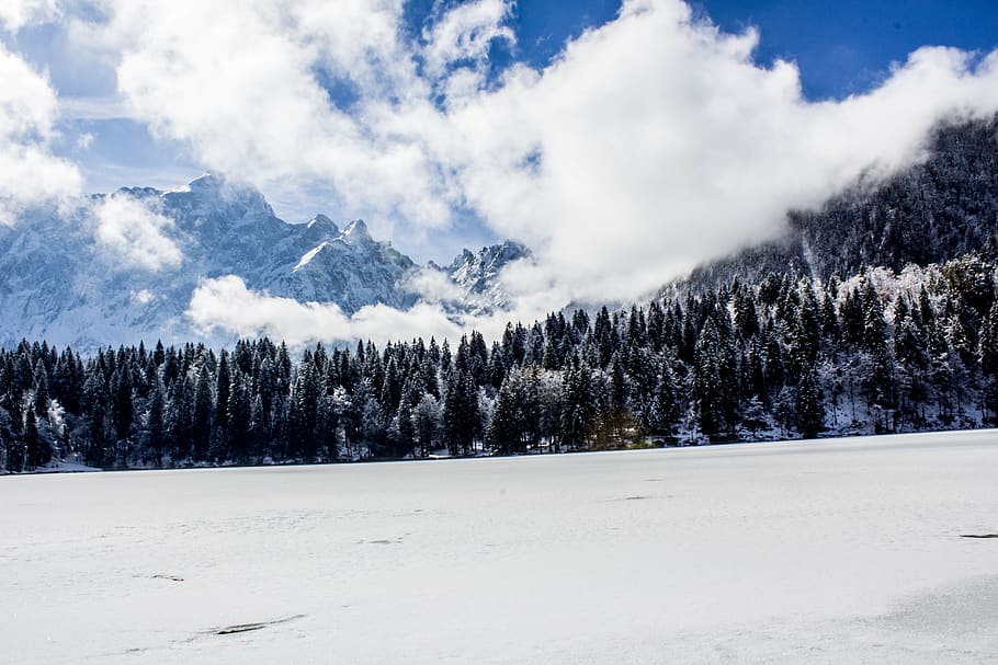 mountains, nature, clouds, snow, frozen, lake, frozen lake HD wallpaper