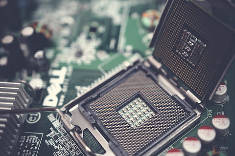 Closed Up Photo of Black Dell Central Processing Unit, blur, capacitors HD wallpaper