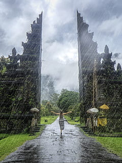 Women's Gray Dress, bali, clouds, effect, famous landmark, grass HD wallpaper