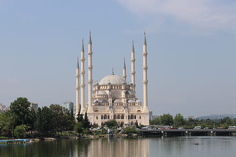 water, river, architecture, sky, travel, turkey, adana, mosque HD wallpaper