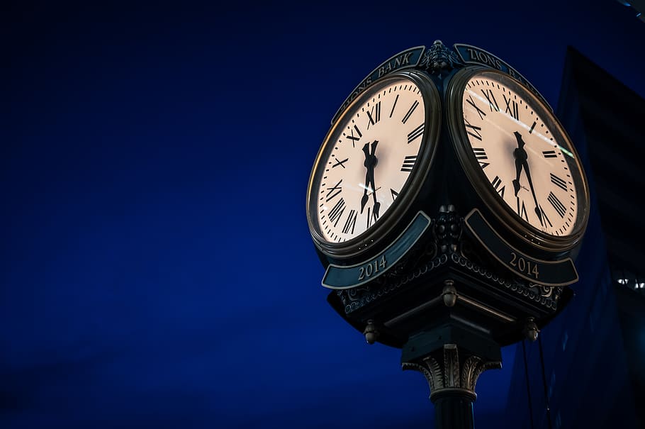 Selective Focus Photography Of Clock At Nighttime, macro, low angle view HD wallpaper