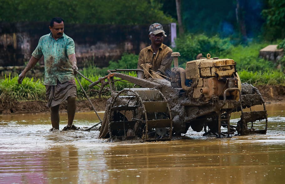 yellow farm tractor, water, real people, men, nature, waterfront HD wallpaper