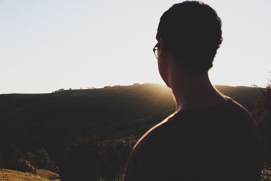 person facing back viewing green mountain, human, nature, outdoors HD wallpaper
