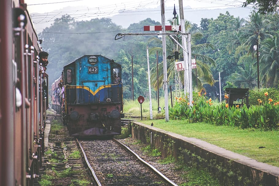Blue and Brown Train, carriage, daylight, engine, gravel, guidance HD wallpaper