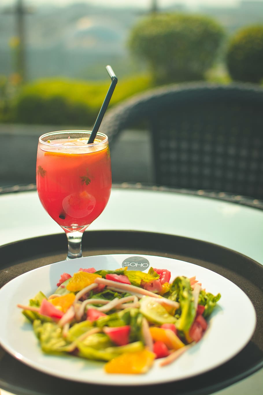 Drink Beside Salad on Black Tray, appetizer, beverage, close-up HD wallpaper