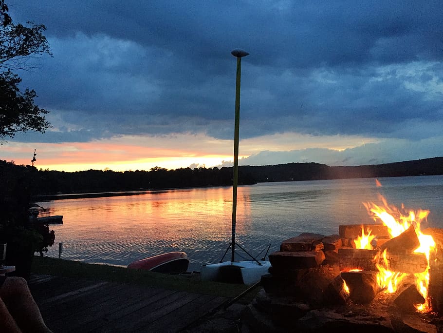 sky, water, cloud - sky, lake, nature, burning, fire, fire - natural phenomenon HD wallpaper