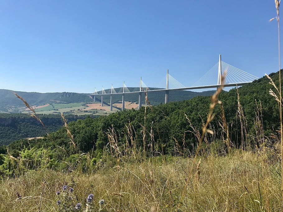 france, la bastide-pradines, millau viaduct, bridge, valley, HD wallpaper
