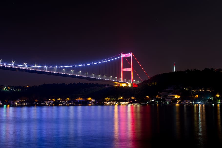turkey, bosphorus bridge, istanbul, night view, water, illuminated, HD wallpaper