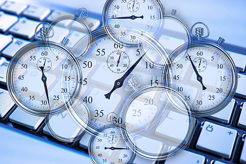 stopwatch, gears, keyboard, work, working time, management HD wallpaper
