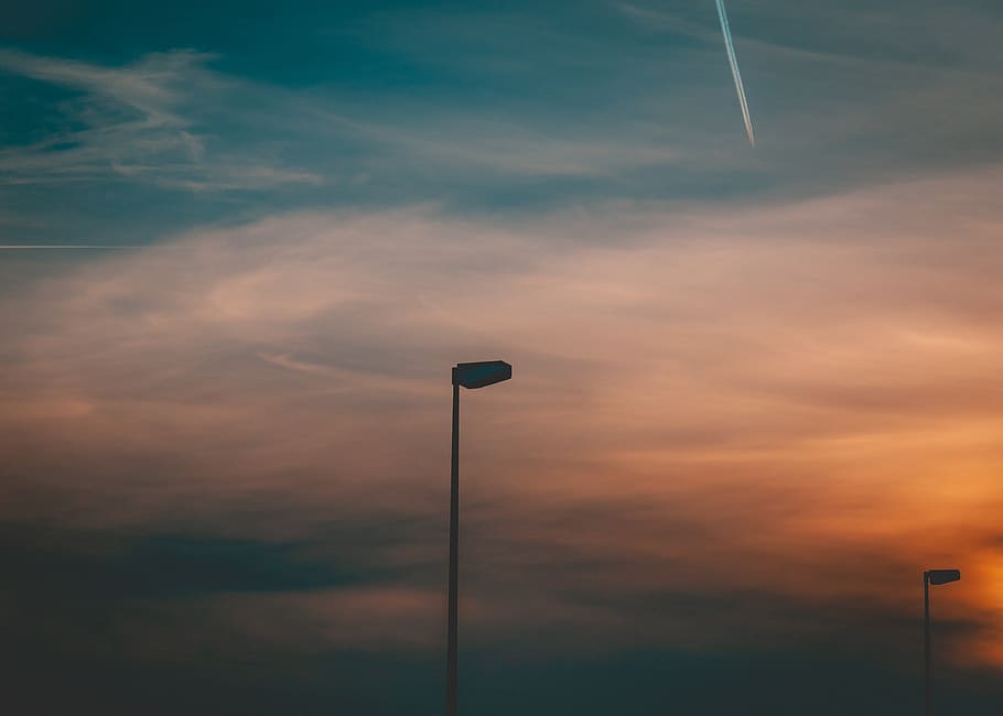 silhouette of light during sunset, lamp post, sky, night time, HD wallpaper