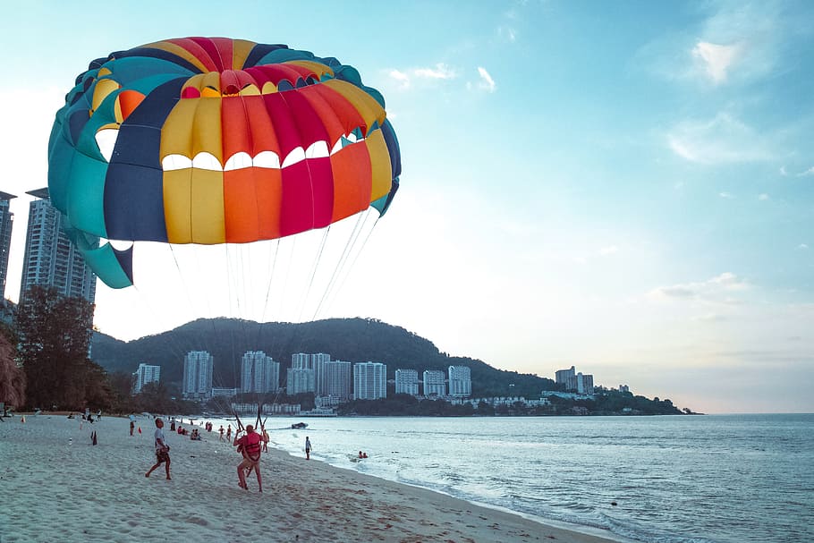 nature, beach, shore, sand, water, ocean, waves, splash, paragliding HD wallpaper