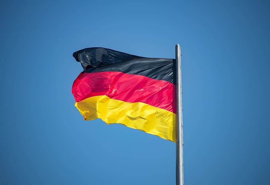 flag, germany, black, red, gold, flutter, blow, sky, blue, yellow HD wallpaper