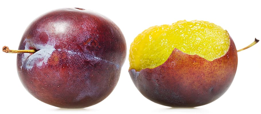 fresh, plum, bite, closeup, fruit, isolated, object, plant HD wallpaper