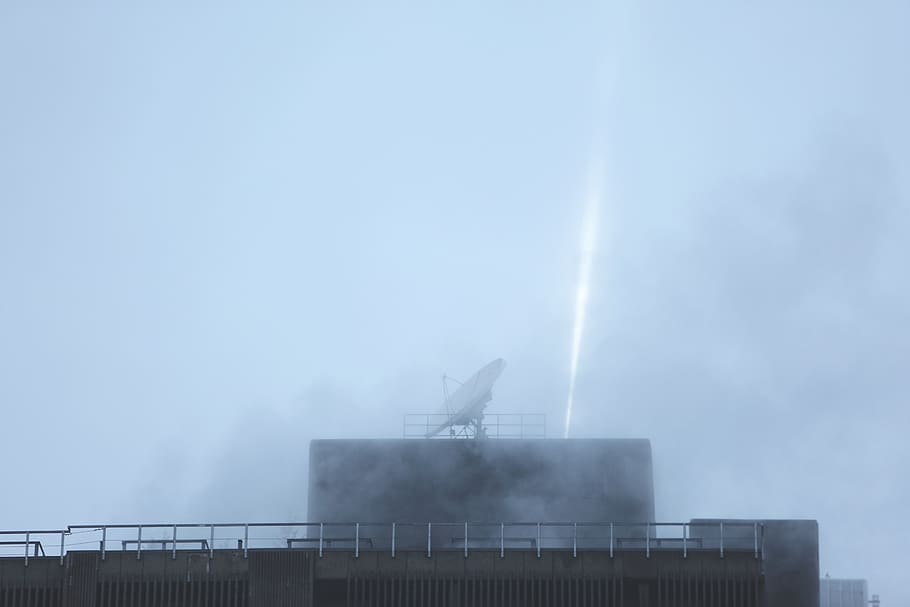 rooftop, satellite dish, spotlight, beam, sky, clouds, smoke HD wallpaper