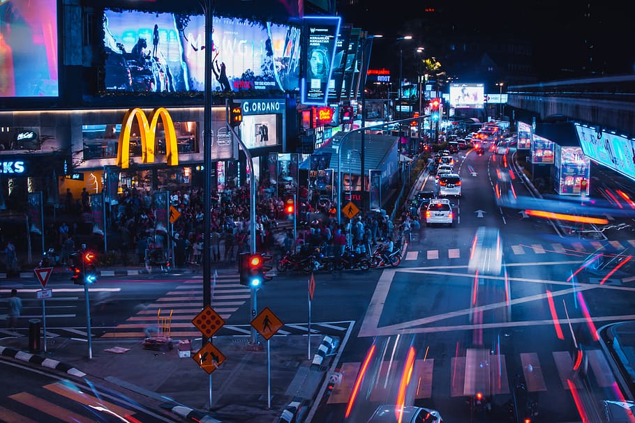 people gathered in intersection, city, transportation, illuminated HD wallpaper