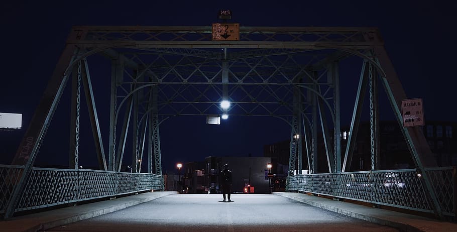 silhouette of man on bridge, light, dark, road, architecture HD wallpaper