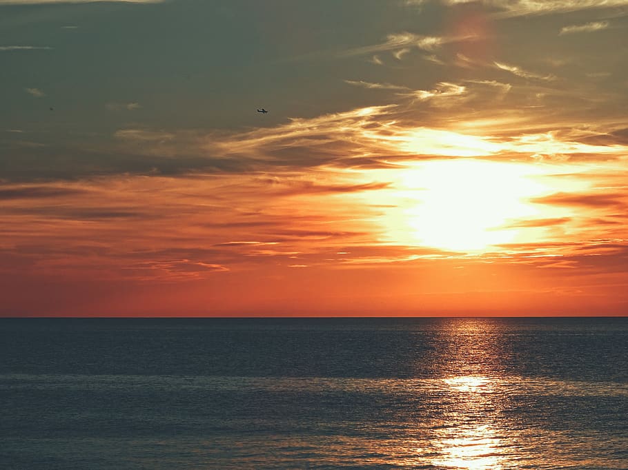 sunset, sea, clouds, orange, sky, water, scenics - nature, horizon HD wallpaper