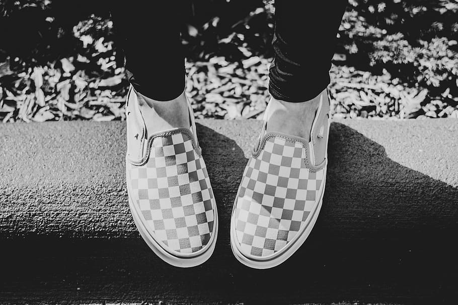 Grayscale Photography of Person Wearing Checkered Slip-on Shoes, HD wallpaper