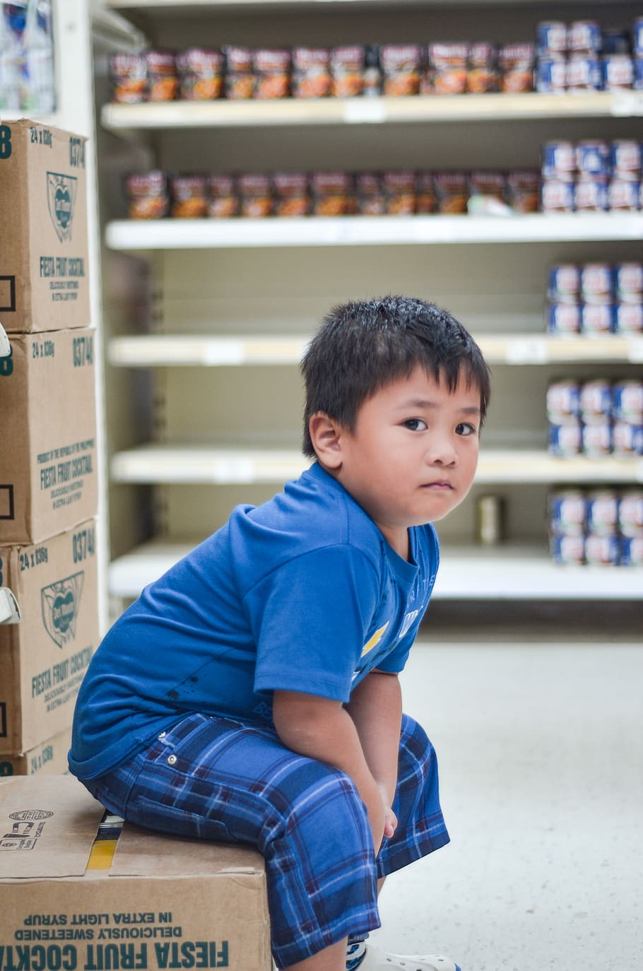 Boy Wearing Blue Crew-neck T-shirt Sitting on Cardboard Box, boxes HD wallpaper