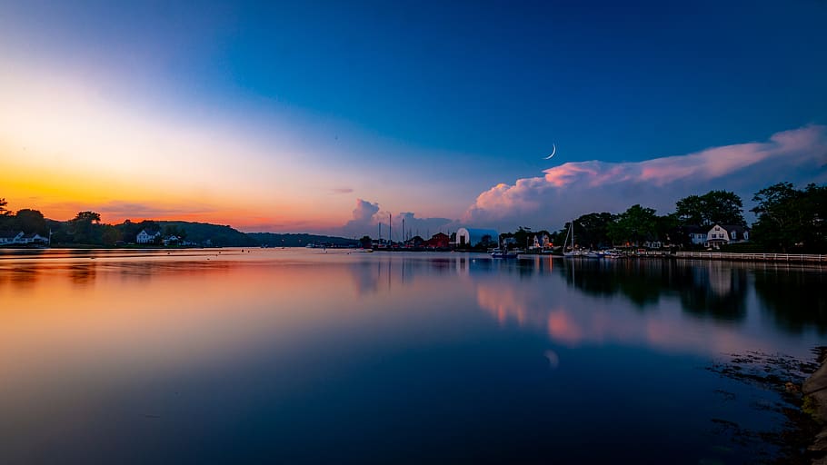 sunset, moon, dusk, sky, water, reflection, cloud - sky, lake HD wallpaper