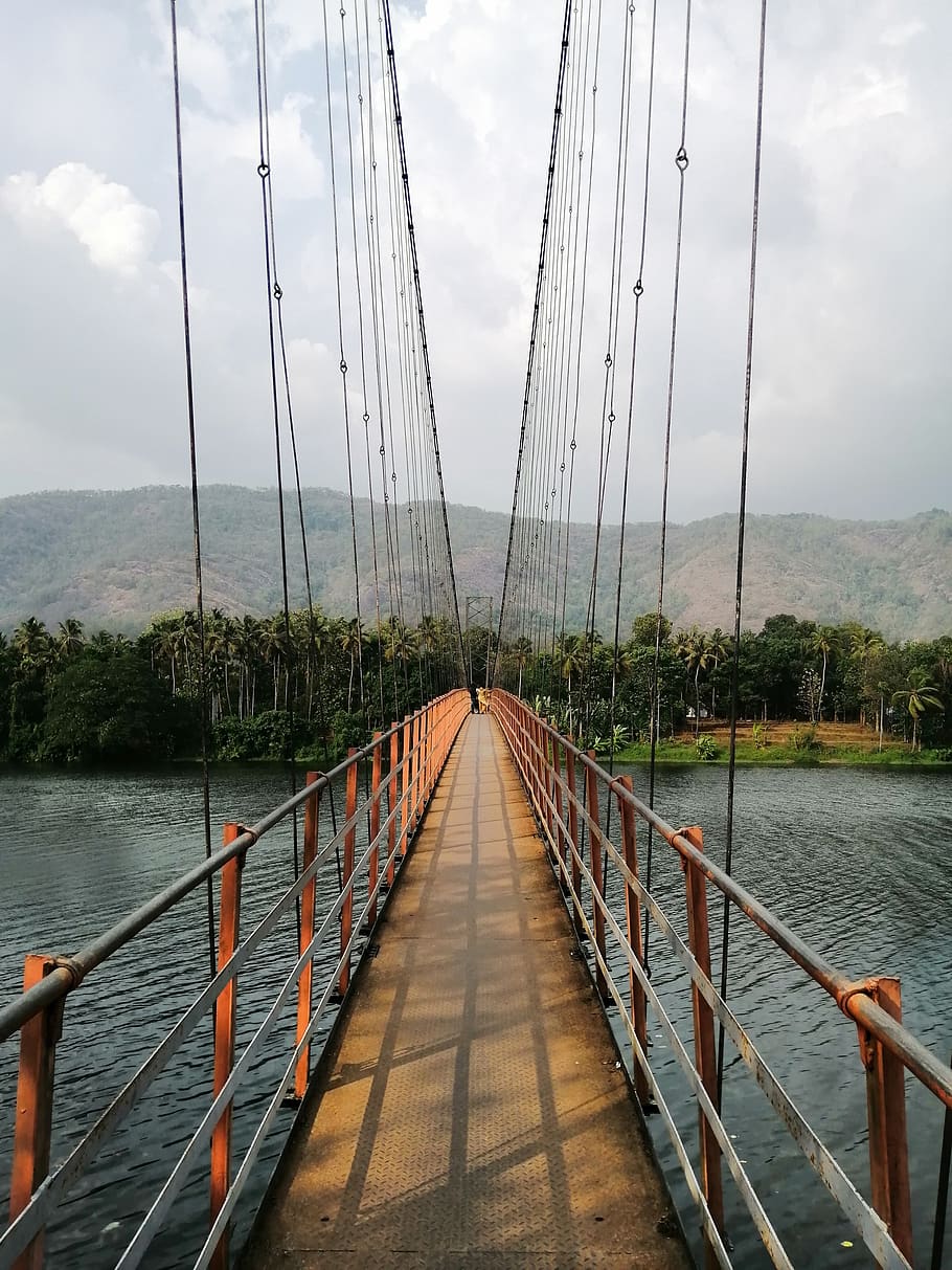 bridge, river, rope bridge, water, tourism, evening, landscape HD wallpaper