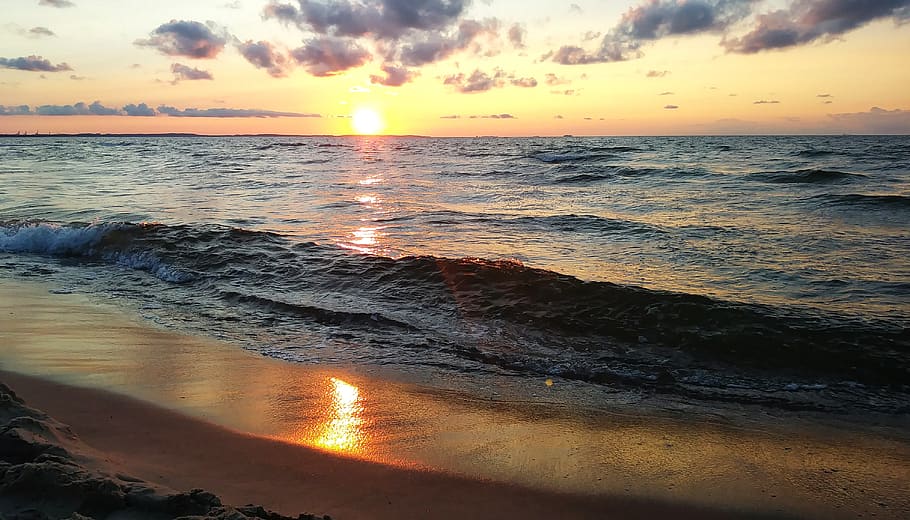 west, the sun, summer, sky, landscape, sea, sunrise, the horizon HD wallpaper