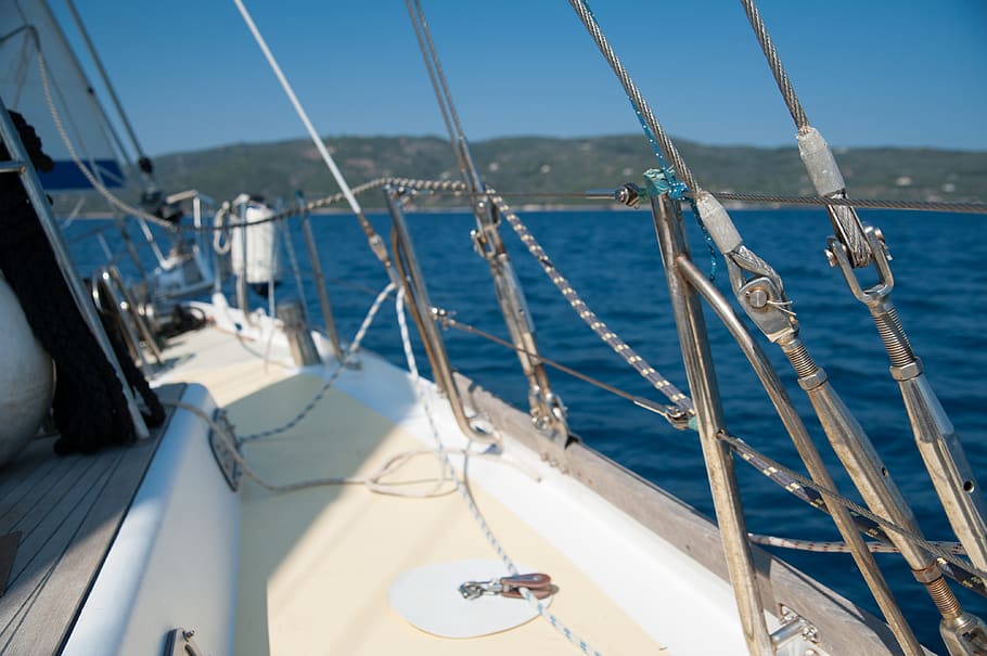 Beige and White Yacht on Water, boat, daylight, greece, nautical HD wallpaper
