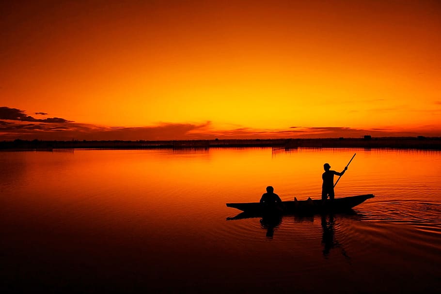 river, water, lake, flow, eve, evening, sunset, human, activity HD wallpaper