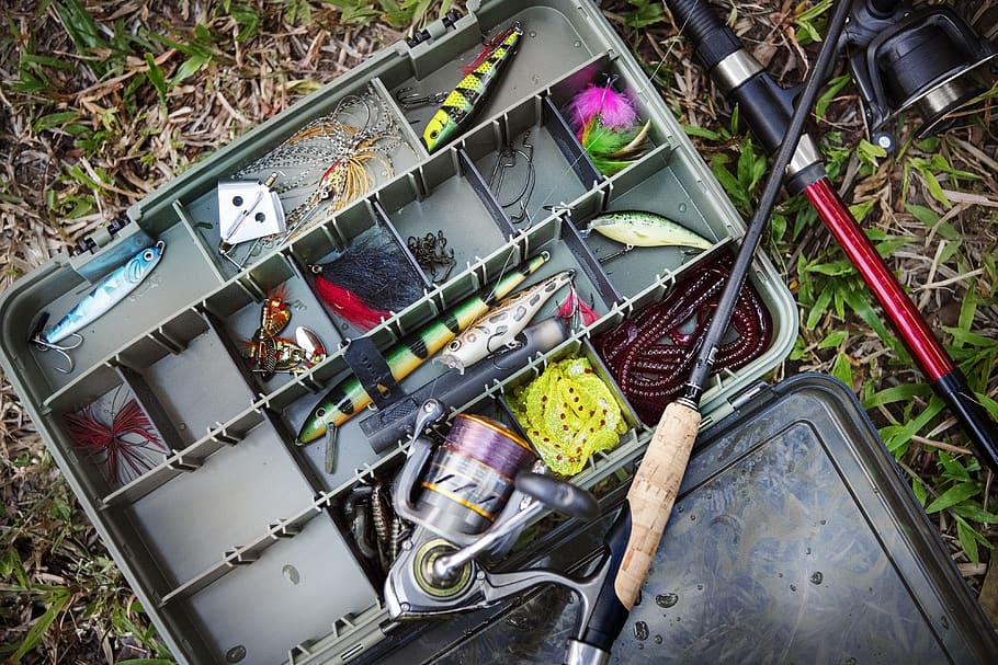 Tackle Box With Fishing Lures and Rods, accessories, artificial, HD wallpaper