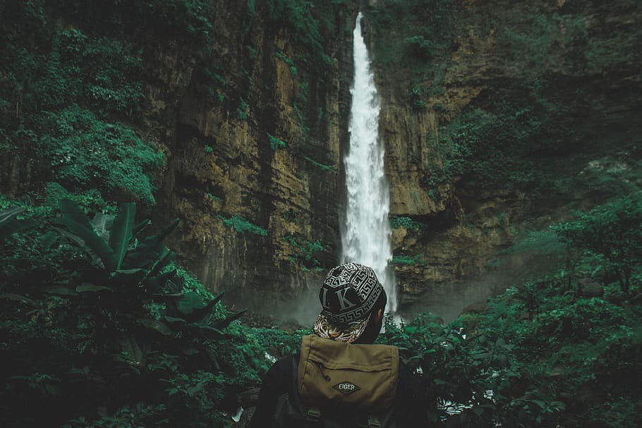 Man Standing Near Waterfall, adventure, discover, exploration HD wallpaper