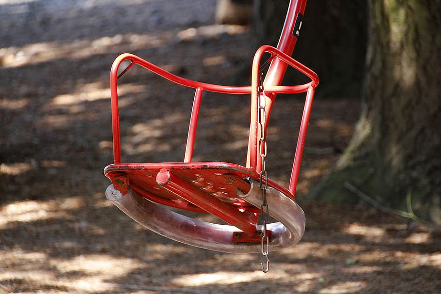 swing, toys, children, red, playground, metal, focus on foreground