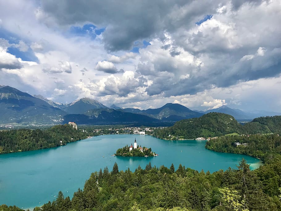 slovenia, bled, island, trees, mountains, sky, clouds, lake, HD wallpaper