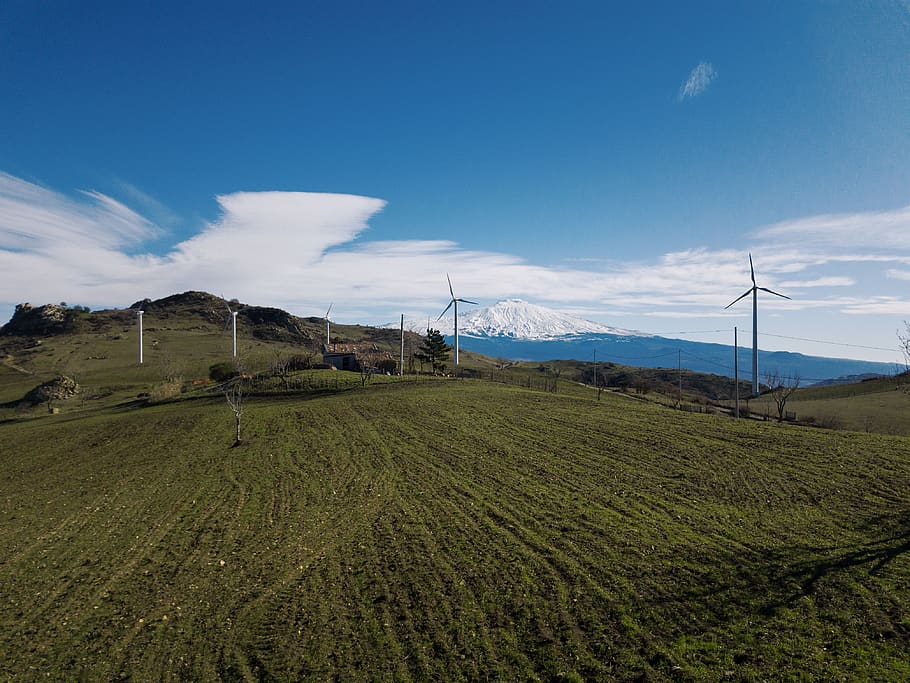 etna, mount, landscape, wallpaper, turbine, wind, sky, weather HD wallpaper