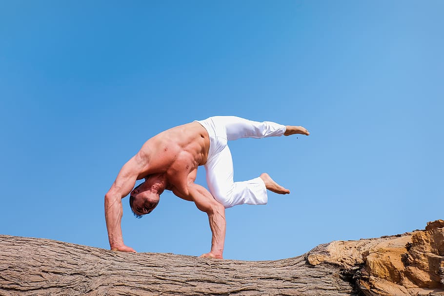 Man Wearing White Pants Under Blue Sky, acrobatics, action, action energy HD wallpaper