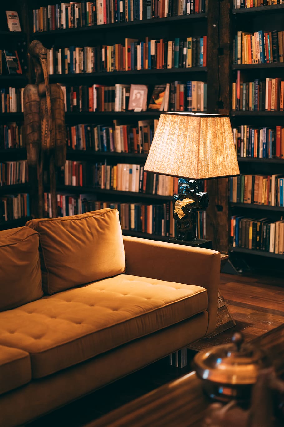 Turned on Floor Lamp Near Sofa, book bindings, book shelves, books