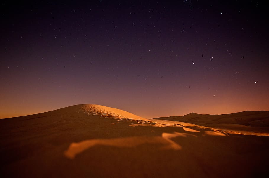 sahara, nightsky, stars, dune, desert, landscape, sand, sunset, HD wallpaper
