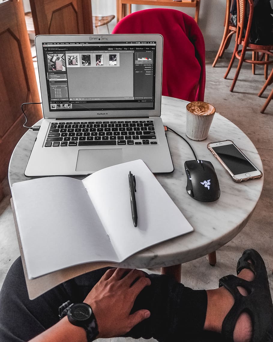 silver MacBook Air displaying Adobe file, laptop, computer, wireless technology HD wallpaper