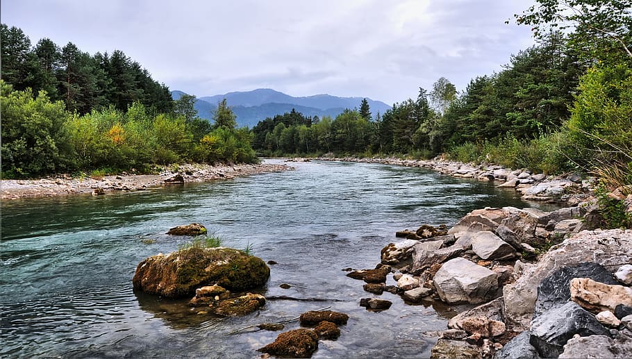 river, stone, water, mountains, nature, landscape, the alps HD wallpaper