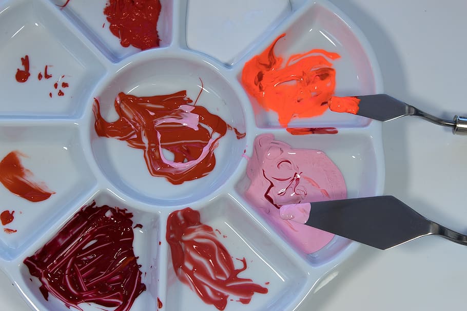 range, red, pink, acrylic paints, spatula, color, porcelain palette HD wallpaper