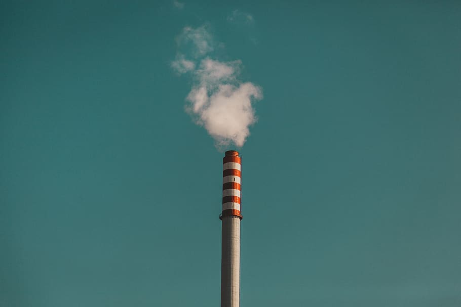 white and red striped tower emitting smoke, building, factory, HD wallpaper