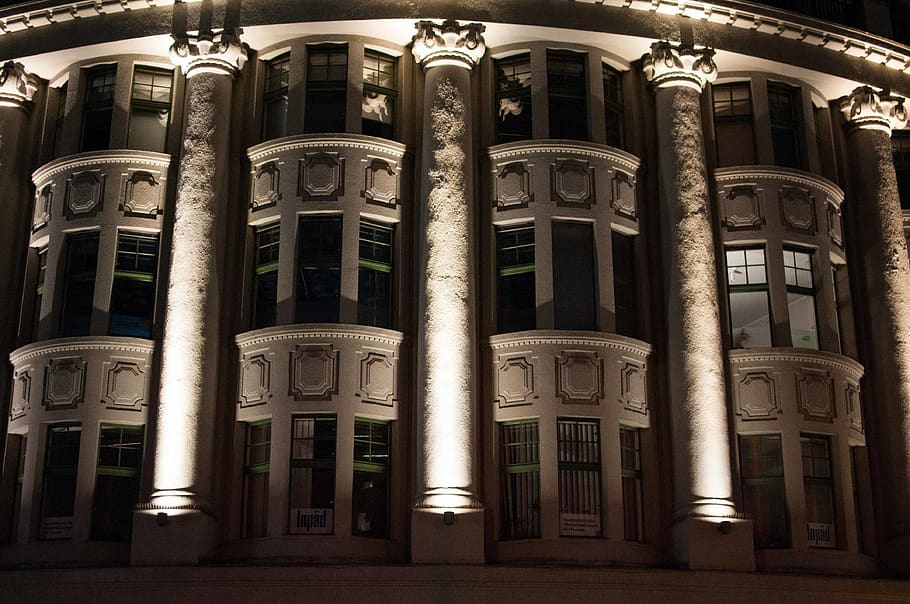 tempelhof, berlin, night, windows, city, architectural column HD wallpaper
