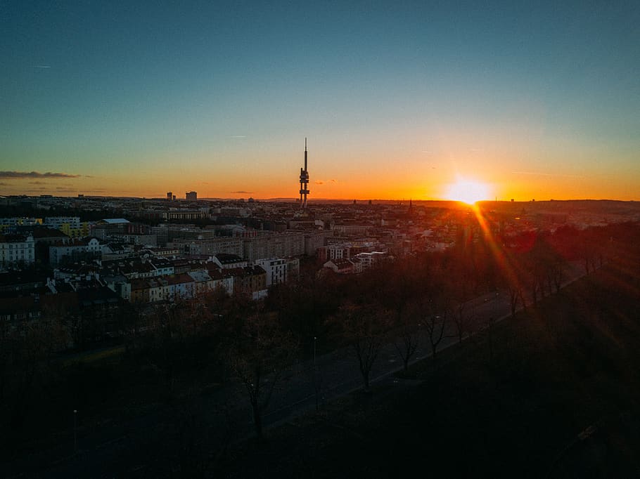 prague, czechia, vítkov, sun, city, drone, aerial, europe HD wallpaper