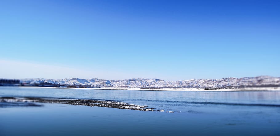 blue, sky, landscape, mountains, nature, water, lake, river HD wallpaper