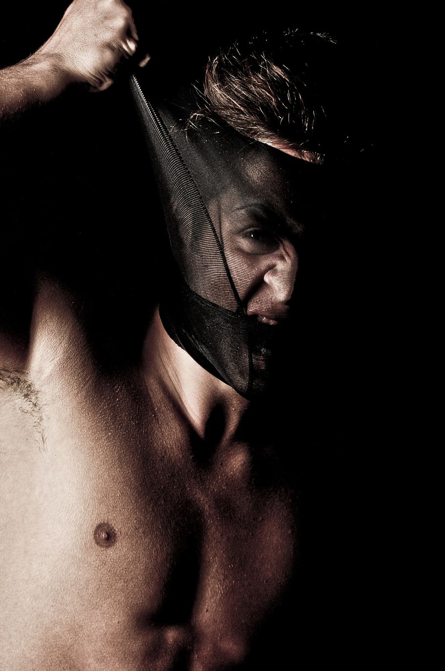 one person, black background, portrait, studio shot, shirtless HD wallpaper