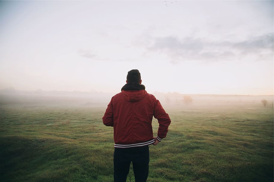 guy, man, jacket, red, hood, grass, field, sky, fog, people HD wallpaper