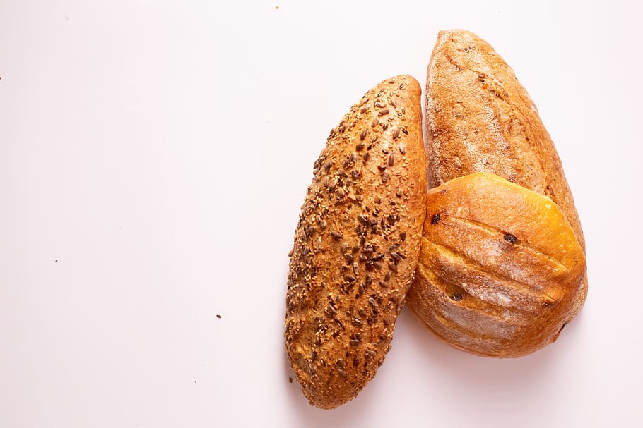 Three Breads on White Surface, baked, bakery, bun, cereal, delicious HD wallpaper